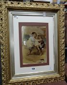 Framed crystoleum of three children playing on a beach, signed FRED MORTON, 25 x 16.5cms Condition
