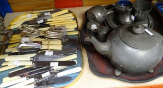 Tray of pewter teaware and tray of loose cutlery Condition reports provided on request by email