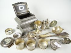 A nineteenth century engraved white metal tea caddy together with sundry flatware, scrap items of