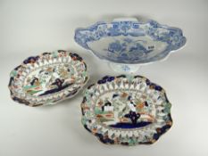 A Masons Ironstone pottery centre dish with blue and white transfer decoration of birds and flowers,