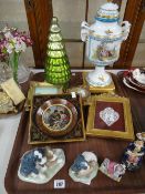 Two Nao pottery puppy groups, sundry reproduction fancy pictures, a Continental porcelain twin-