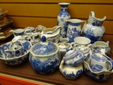 A tray of various blue & white, some Spode Italian teaware and jugs Condition reports provided on