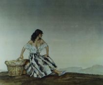 WILLIAM RUSSELL FLINT Frost & Reed coloured print - seated female with baskets in colourful dress,