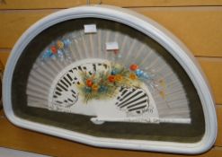 Framed elaborately decorated hand painted fan, case 32 x 52cms Condition reports provided on request