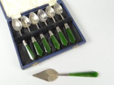 Cased set of six sterling teaspoons with green jade-type handles together with similar silver