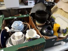 Two crates and a tray of mixed china, planters, teapots ETC Condition reports provided on request by