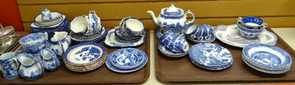 Two trays of various blue and white patterned china including Spode teaware Condition reports