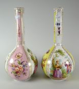 A pair of early twentieth century Dresden bottle vases decorated with alternating panels of romantic