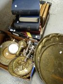 Three decorative large brass trays, collection of various metalware, volumes of 'The Dictionary of