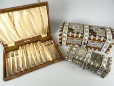 Two antique Anglo-Indian Colonial tortoiseshell (or effect) and believed bone caskets on corner