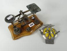 A vintage set of postal-scales on a mahogany base with weights together with an AA vintage grill