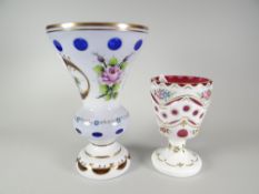 A milk glass floral decorated goblet shaped vase & another Condition reports provided on request