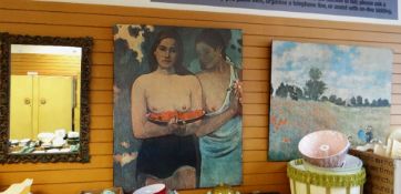 Two large block board impressionist prints together with a wall mirror Condition reports provided on