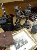 Pair of spelter figures, two cased sets of binoculars, pair of prints ETC Condition reports provided