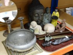 Buddha's head, carved soapstone and wooden figures, pewter bowl and brass trivet ETC Condition
