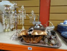 Tray of various metalware including EPNS, copper moulds, glass drop decorated candelabra Condition