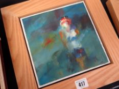 ANDREW HOOD oil on block board - figure, entitled 'Red Hat', 20 x 20cms Condition reports provided