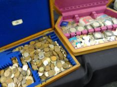 Two cutlery canteen boxes containing a large quantity of loose coinage Condition reports provided on