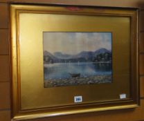 Early twentieth century framed watercolour of a rowing boat with mountain scenery in foreground,