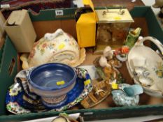 Box of mixed china including Carltonware tazza, modern brass effect mantel clock, Maling ware bowl