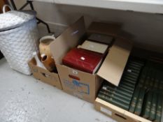 Modern white painted wicker clothes basket, box of mixed china and two boxes of books Condition