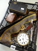 Black plastic tray containing interesting curios and antiques including Broadhurst Clarkson four-