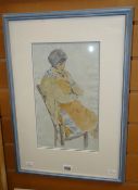 TWENTIETH CENTURY BRITISH SCHOOL pen and watercolour study - contemplating seated figure, 34 x 20cms
