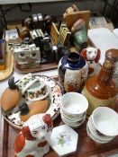Two trays containing carved wooden and other various bookends, Masons Blue Mandalay bowls ETC