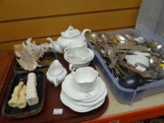 A vintage white Shelley part teaset, various collectables and loose flatware Condition reports