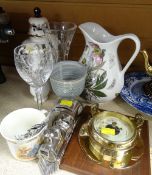 Portmeirion 'Botanic Garden' jug, Masons Blue Mandalay lidded vase, brass porthole-style barometer