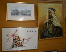 Framed oil on board of an Arab male, framed Oriental embroidered silk with two birds and another