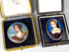 Two similar believed Russian Fedoskino hand painted miniatures, the sitters believed to be Madeleine