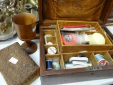 A small wooden sewing box and contents, small carved topped box, treen goblet Condition reports