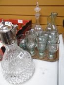 A good EPNS topped heavy glass claret jug, cut glass fruit bowl, decanter ETC Condition reports