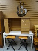 Parcel of furniture including folding tables, white painted side table, desk and a galleon model