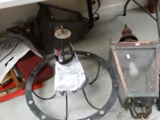 A pair of vintage copper exterior wall mounting lanterns (electrically wired) together with a