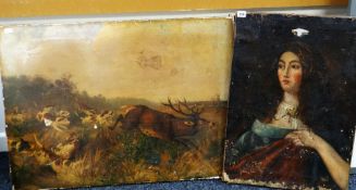 Two late nineteenth century unframed oils on canvas (distressed) - hounds chasing a stag and