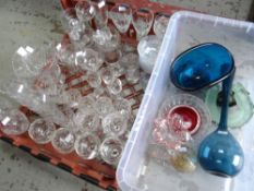 Crate of various drinking glasses and some coloured art glass Condition reports provided on