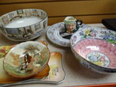 Royal Doulton Dickens ware bowl, Mr McCawber and Sairey Gamp plates, Maling bowl ETC Condition