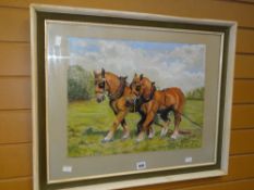 Framed pastel of two plough horses, both 36 x 47.5cms Condition reports provided on request by email