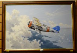Framed oil on canvas of a Grumman F3F-2 airplane by BARRY WEEKLEY, dated 2008, 50 x 75cms
