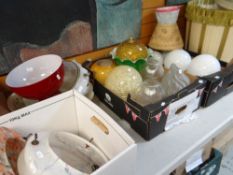 A large parcel of glass and other lamp shades (some as new) together with three framed pictures