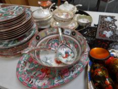 A modern Famille Rose-type part-dinner set and a quantity of earlier Staffordshire tableware, an