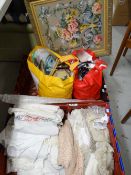 Parcel of various linen and sewing related items together with a framed cross stitch panel Condition