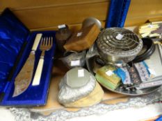 EPNS twin-handled galleried tray, horse hoof inkwell, cased fish servers ETC Condition reports