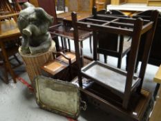 An EPNS fruit-vine decorated twin-handled tray, an umbrella stand, concertina sewing box, tearful