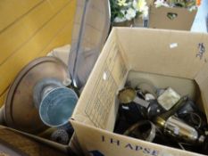 Two boxes of assorted metalware including EPNS, brassware, copper tray ETC Condition reports