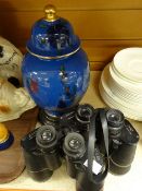 Two pairs of vintage binoculars, Boots and Halina make together with a ceramic decorated ginger