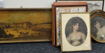 A parcel of pictures including monochrome etching of St David's cathedral, framed Japanese prints,