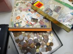 An old chocolate box and tin of stamps, quantity of loose mixed coinage, cased vintage drawing